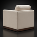 Beige polyester swivel chair with structured silhouette, squared arms, and a dark brown rubber wood base.