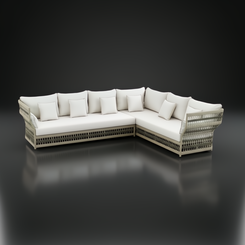 Surya Winder Sectional Left Arm outdoor sofa with cream Sunbrella upholstery and aluminum frame.
