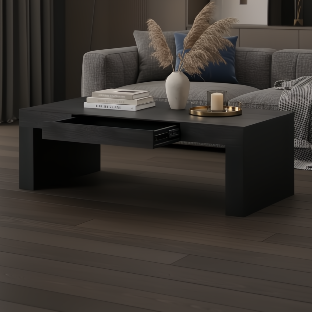 Surya Coburn black brushed mango wood coffee table with open soft-close drawer, books, and decor.