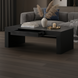 Surya Coburn black brushed mango wood coffee table with open soft-close drawer, books, and decor.