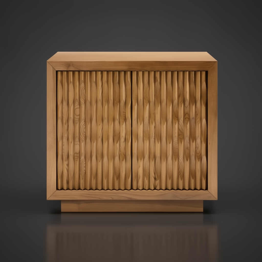 Surya Lulea Cabinet: Beige natural ash wood veneer cabinet with textured 3D patterned doors.