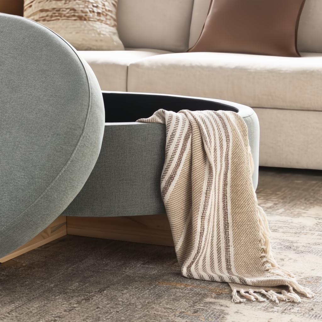 Surya Corson storage ottoman in brown and green polyester with a brown painted rubber wood base, lid open.