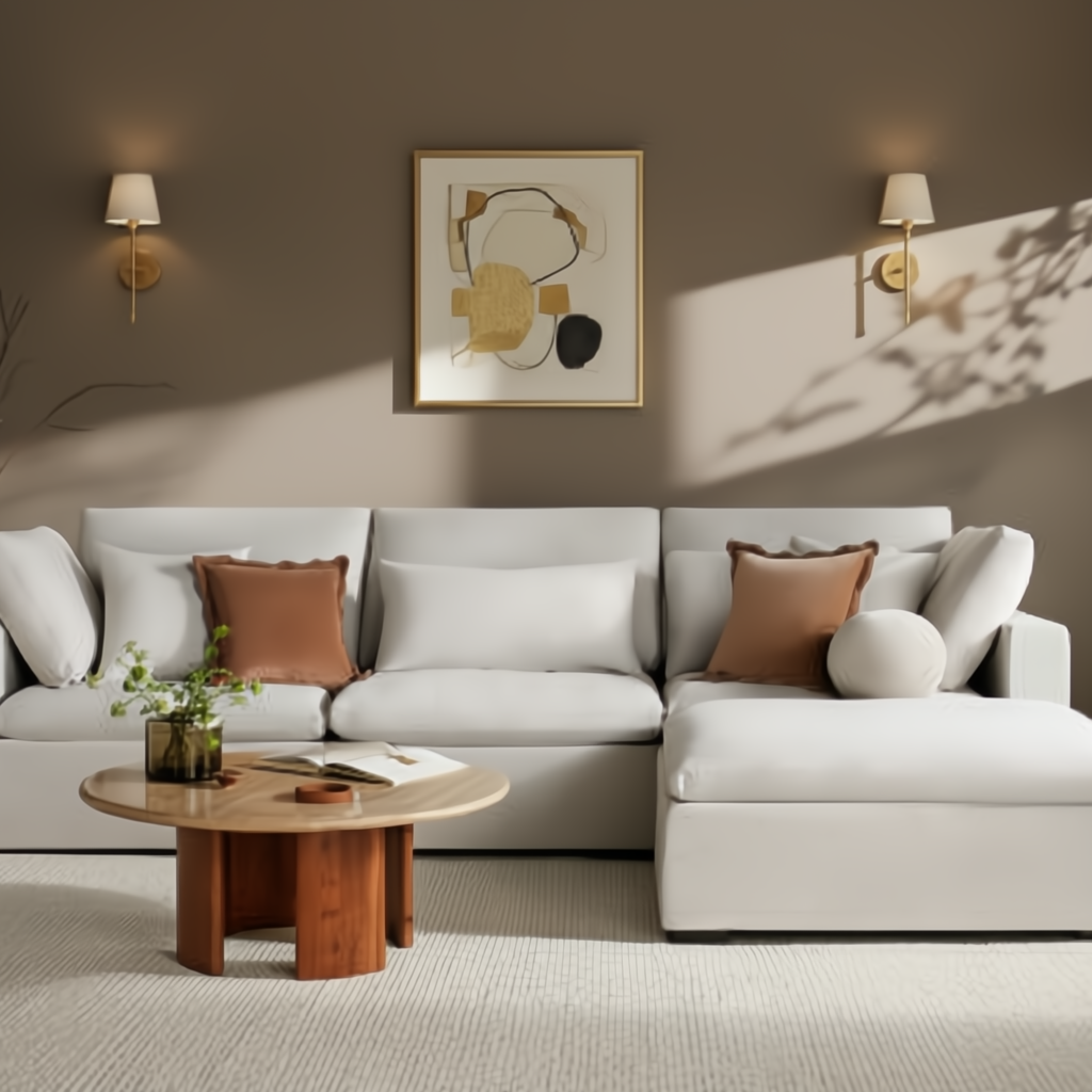 Spacious Surya Avington Slipcover Sofa in white linen and polyester with a chaise, accented by brown pillows.