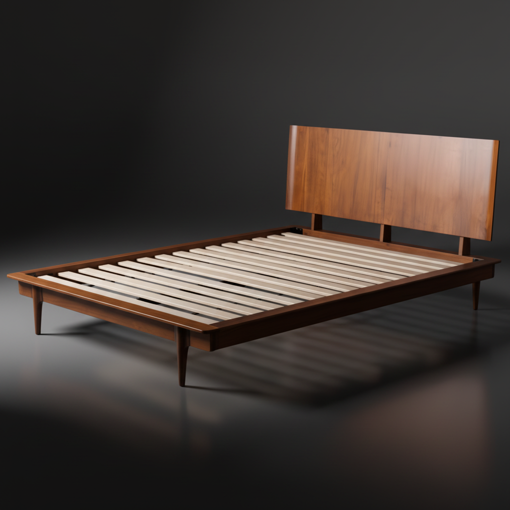 Grande King/CA King wood bed with a minimalist modern design and brown poplar finish.