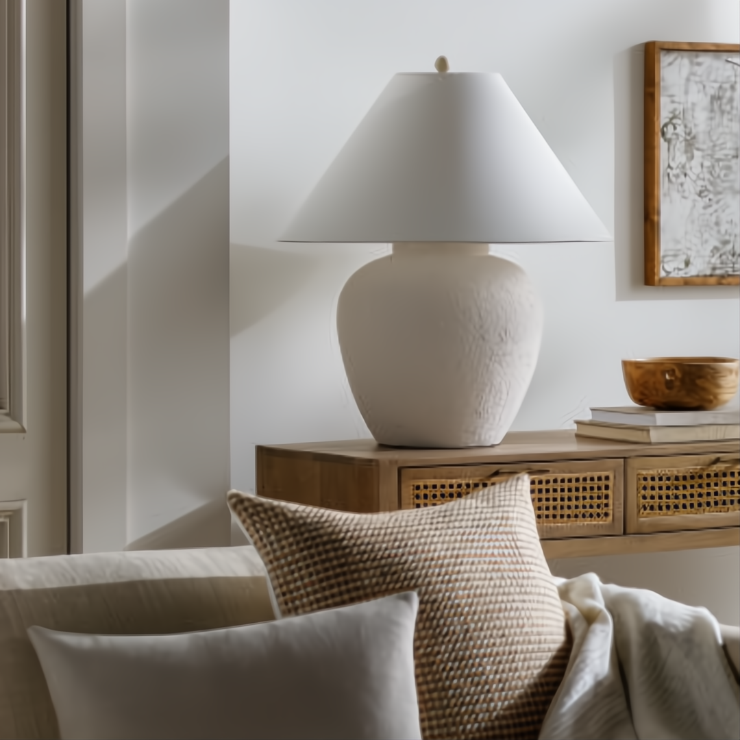 Surya Arion accent table lamp with a textured cream ceramic base and a white linen shade.