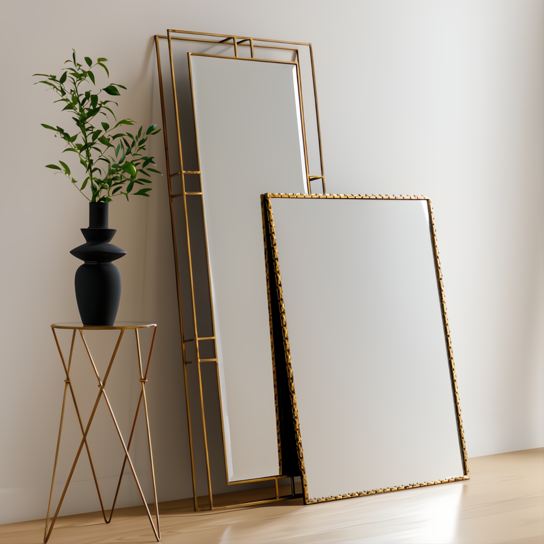 Two Surya Alchemist rectangular wall mirrors with hammered gold iron frames, one tall, one shorter, beside a plant on a gold side table.