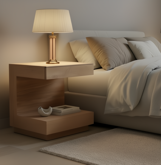 Surya Coburn brown lacquered mango wood end table with open storage beside a bed.