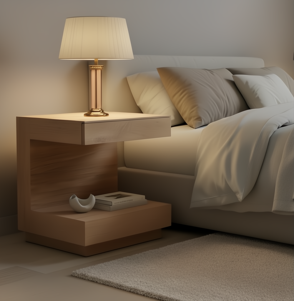 Surya Coburn brown lacquered mango wood end table with open storage beside a bed.