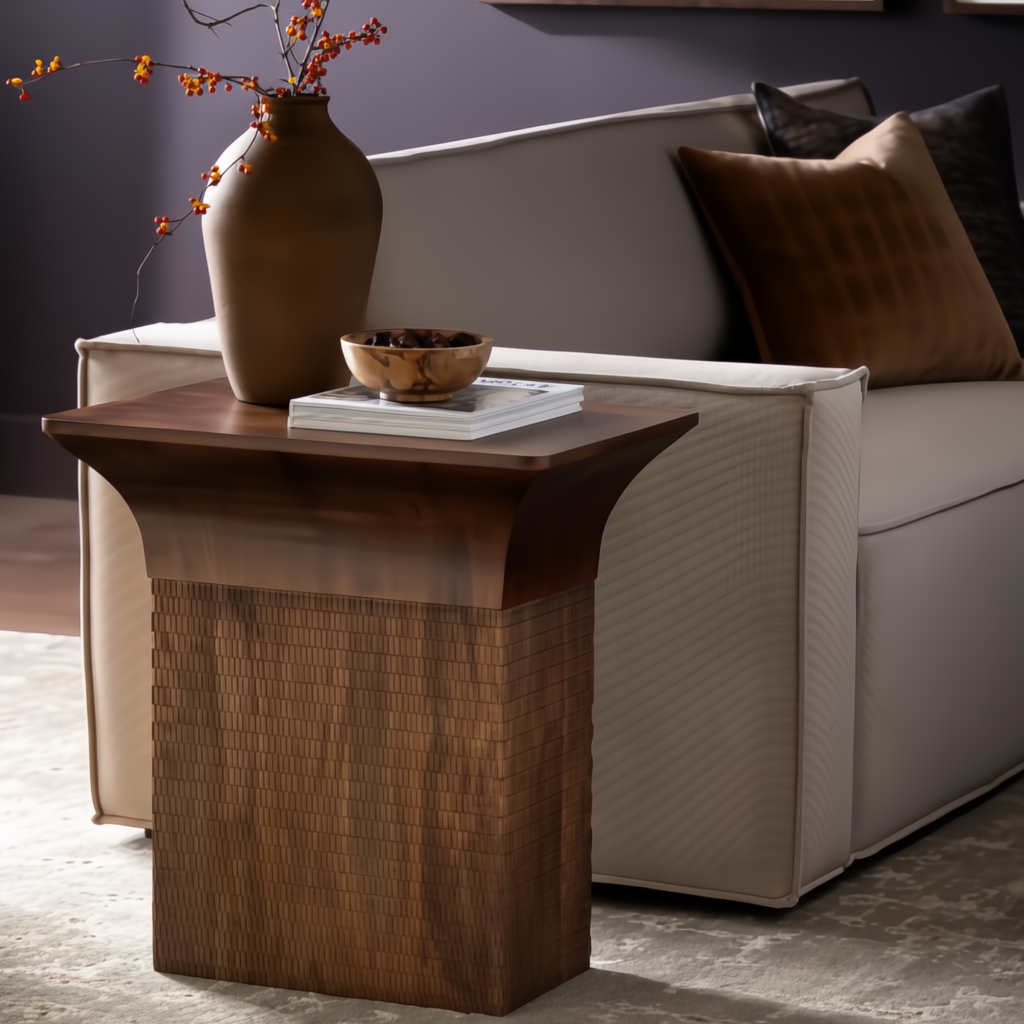 Surya Langford brown mango wood end table with a minimalist modern design and textured base.