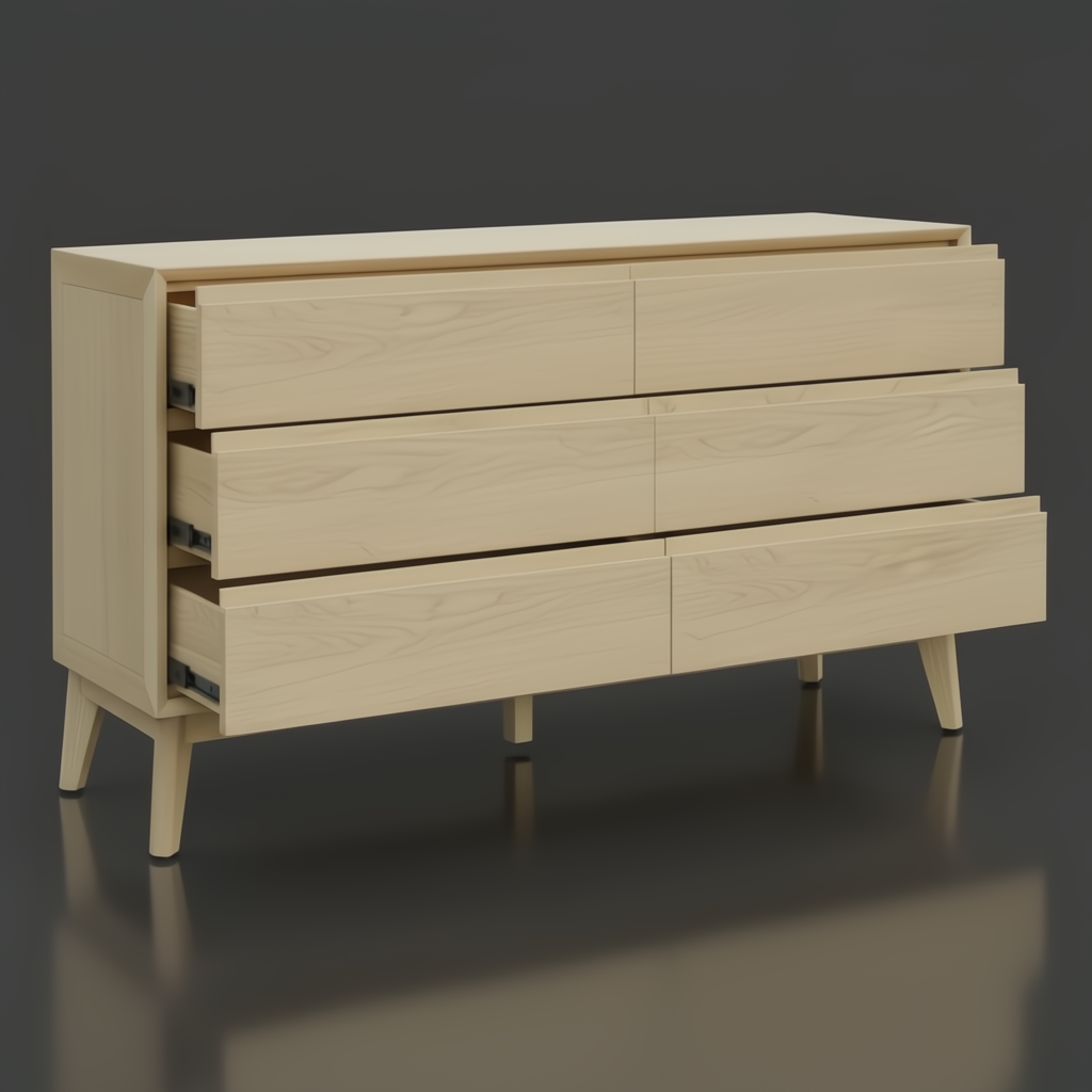 Pryce 60" wide mid-century modern oak dresser with six drawers, three partially open.
