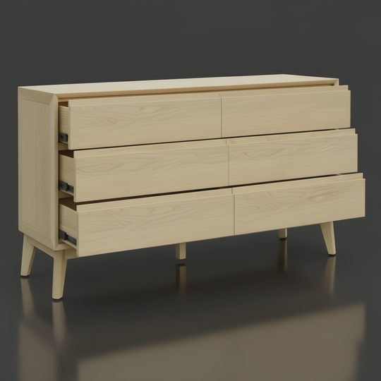Pryce 60" wide mid-century modern oak dresser with six drawers, three partially open.