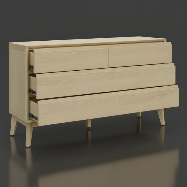 Pryce 60" wide mid-century modern oak dresser with six drawers, three partially open.