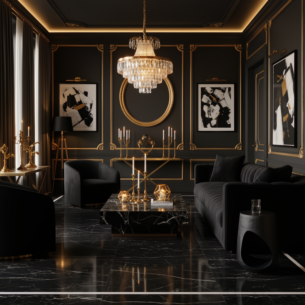 Luxurious black and gold living room with a crystal chandelier, black velvet furniture, and marble accents.