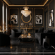 Luxurious black and gold living room with a crystal chandelier, black velvet furniture, and marble accents.