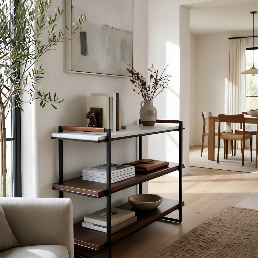 Surya Novelle Bookcase with white marble top, metallic bronze iron, stained acacia shelves, and leather handles.