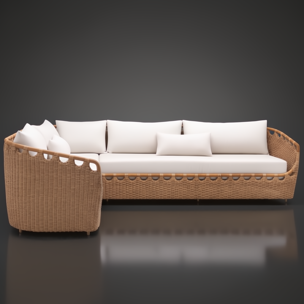 Marvella Sectional Right Arm sofa with light brown wicker frame and white cushions.