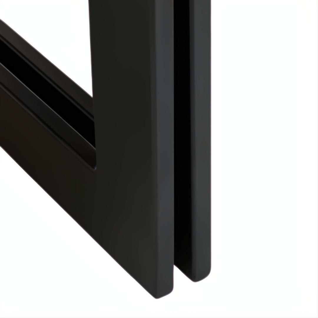 Close-up of the black cast iron base of the Surya Lowmax Coffee Table, showing its minimalist design.