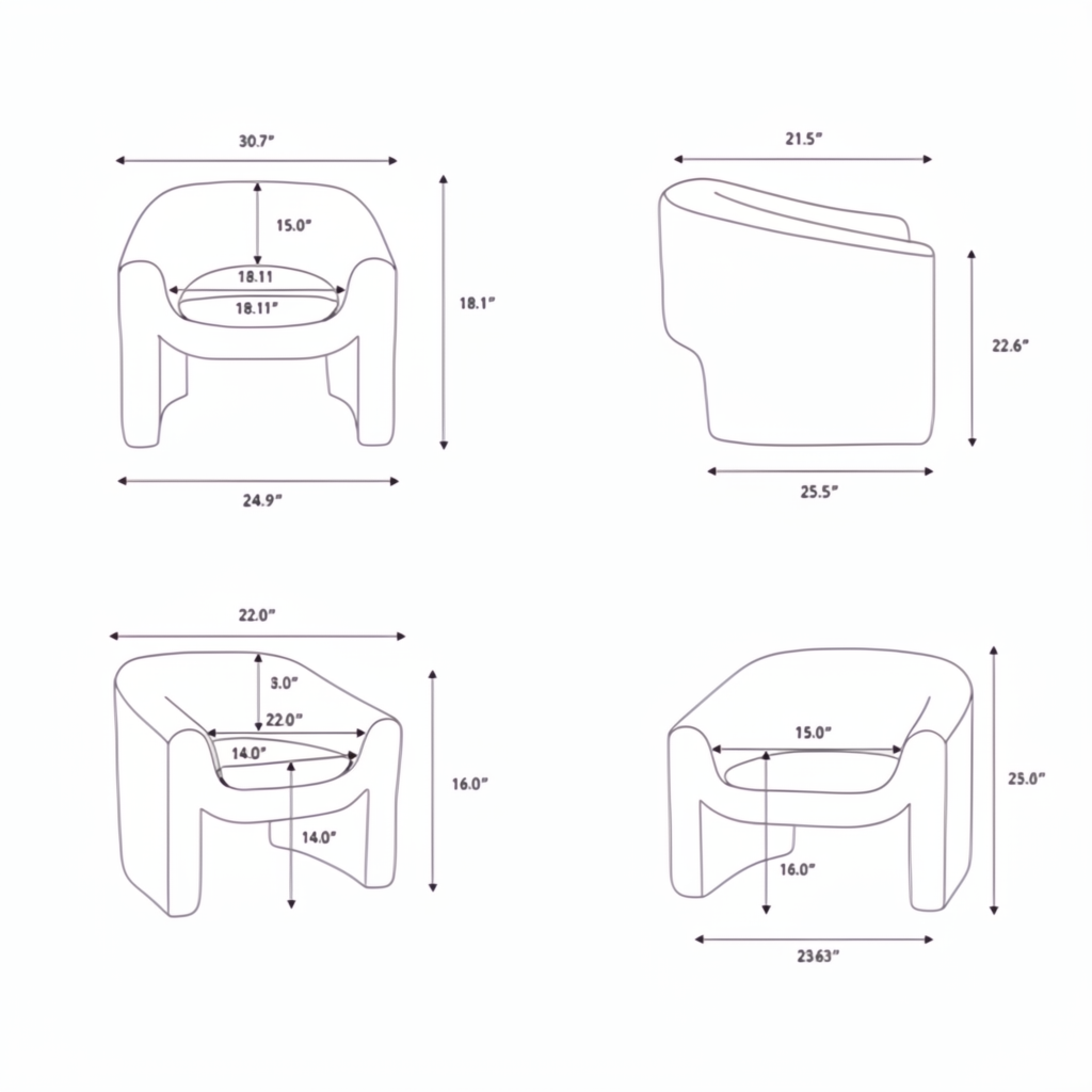Line drawings showing various dimensions of the Surya Cascadia Accent Chair.