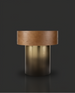 Surya Russula 22"H round end table with dark brown oak top and metallic gold iron base.
