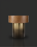 Surya Russula 22"H round end table with dark brown oak top and metallic gold iron base.