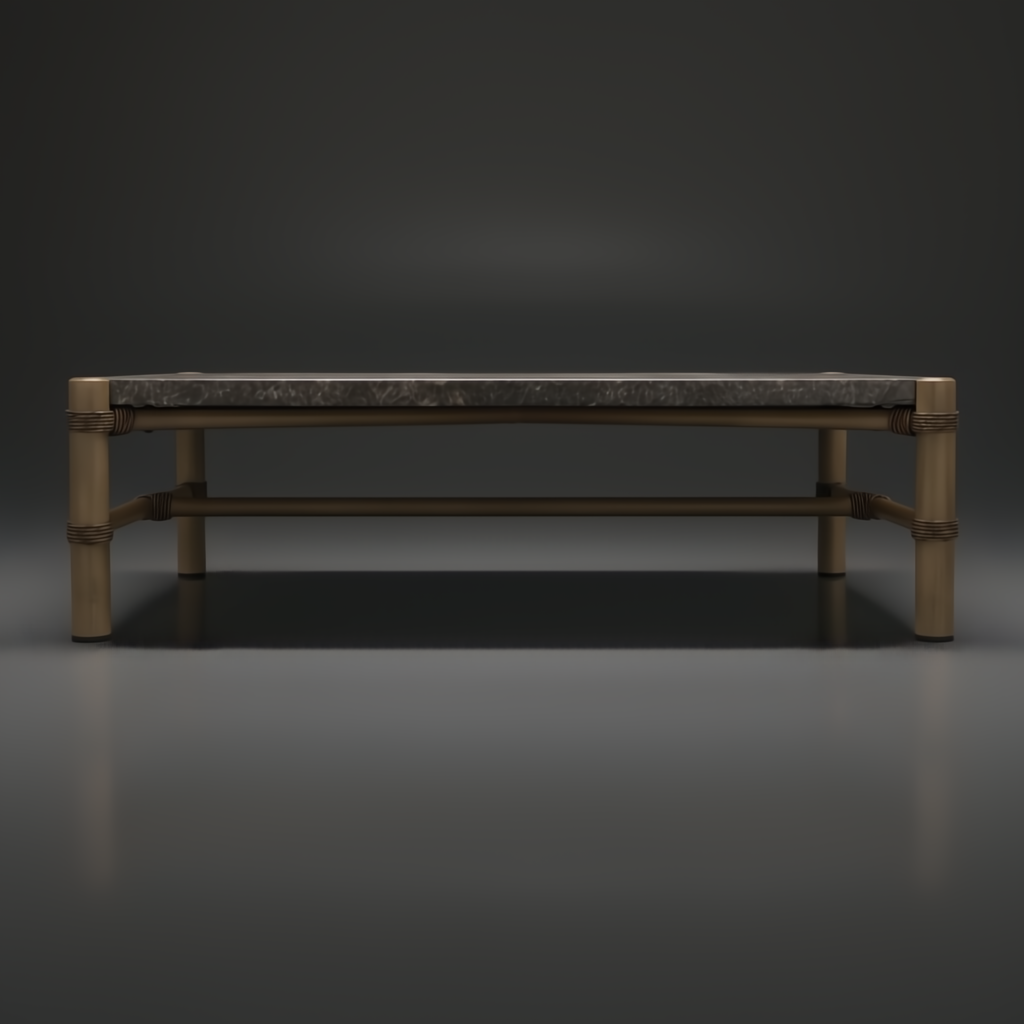 Surya Porta outdoor coffee table with charcoal matte stone top, brown aluminum base, and PE rope detail.