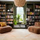 A spacious room with dark green built-in bookshelves, two brown armchairs, and a light-colored Surya Anadolu AAU-2307 area rug.