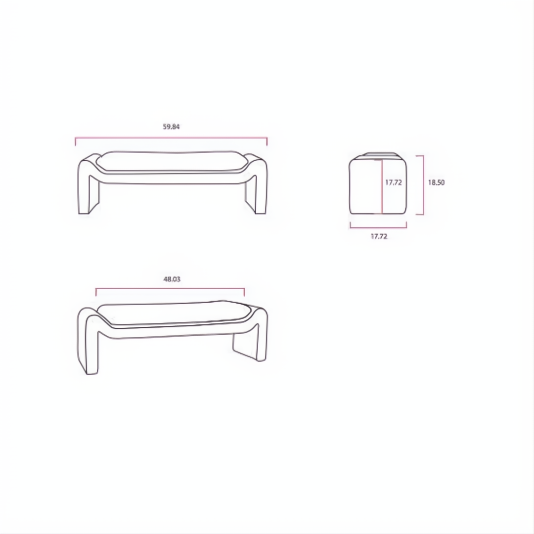 Line drawings of the Surya Cascadia Bench in two lengths, showing top, front, and side dimensions.