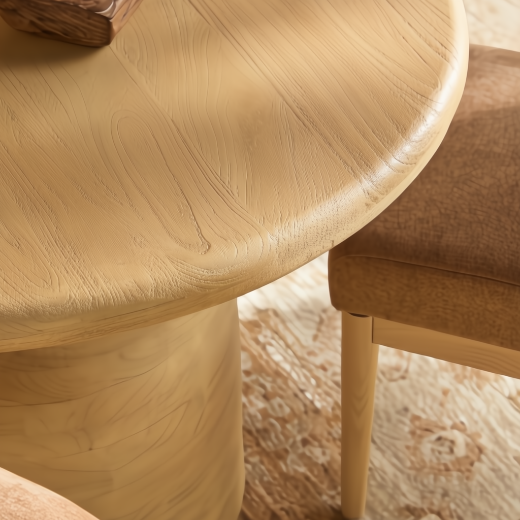 Beige round mango wood dining table with a brushed finish, next to a chair on a patterned rug.