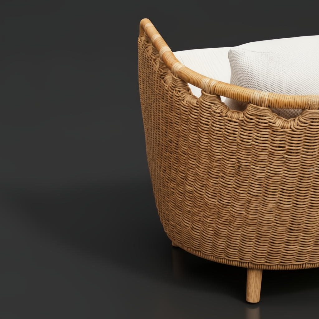 Close-up of a natural wicker sofa with a curved back and white cushions, suitable for indoor or outdoor use.