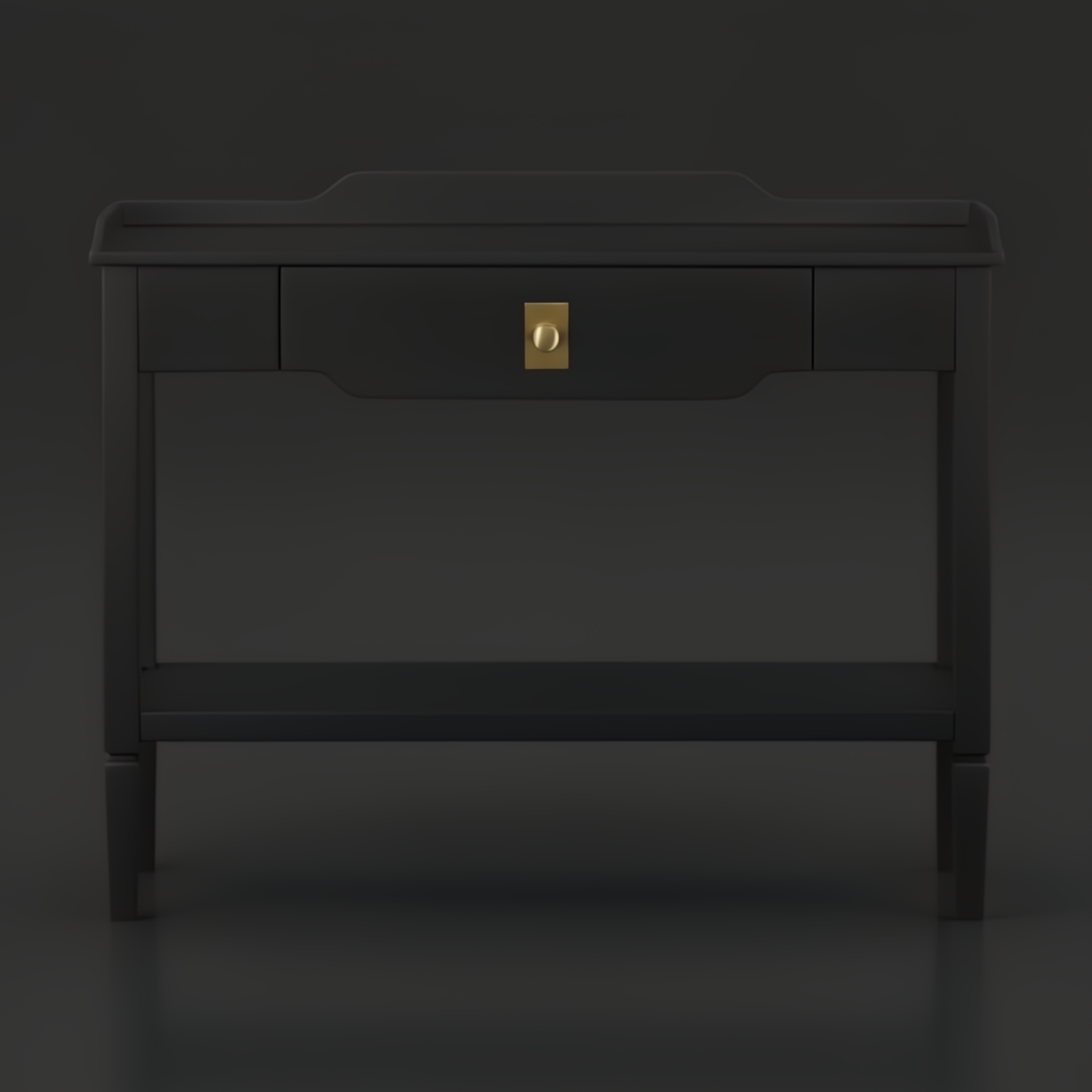 Black Surya Doheny console table with a soft-close drawer, brass pull, gallery top, and shallow tray shelf.