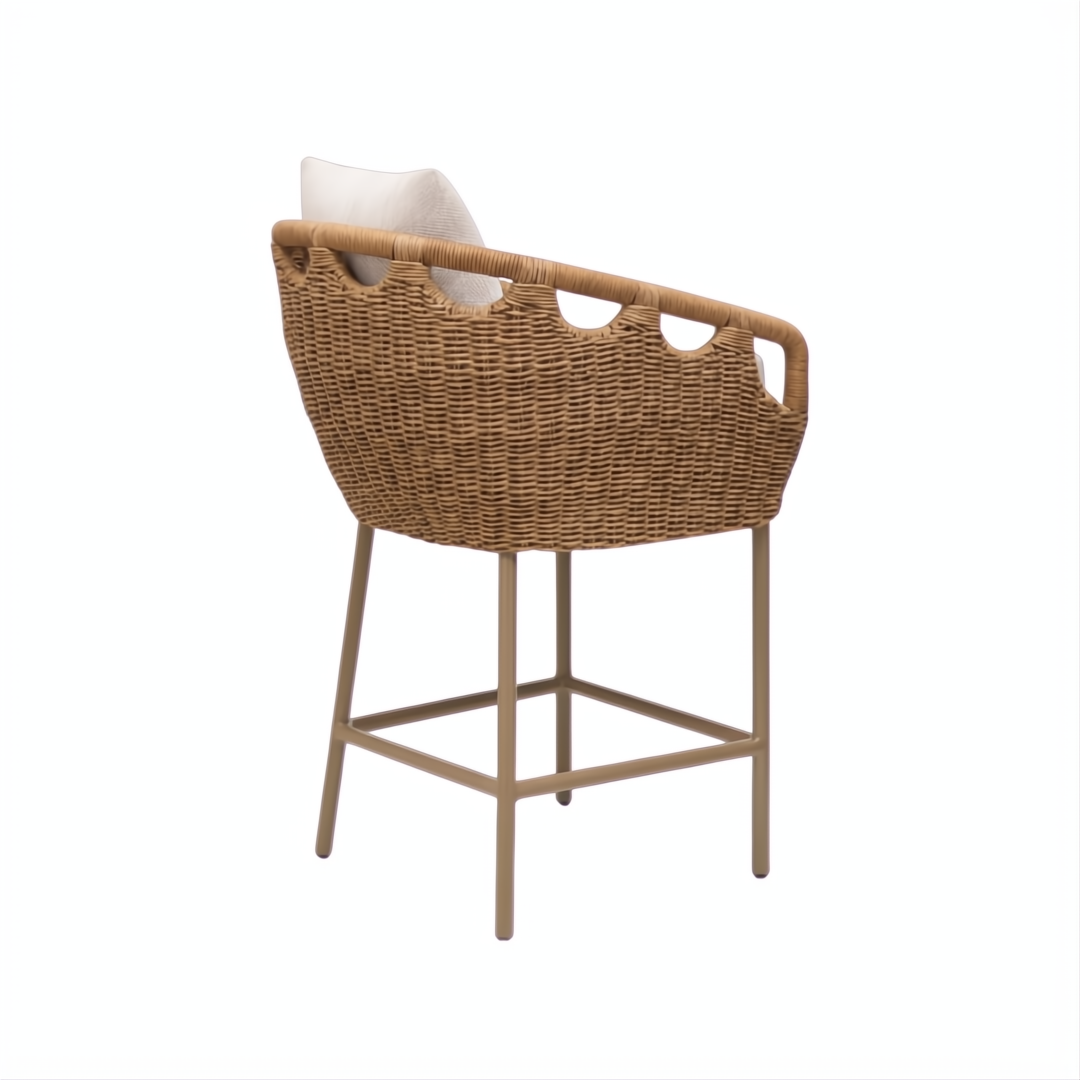 Woven brown bar stool with a light cushion, dark brown aluminum base, and curved back.