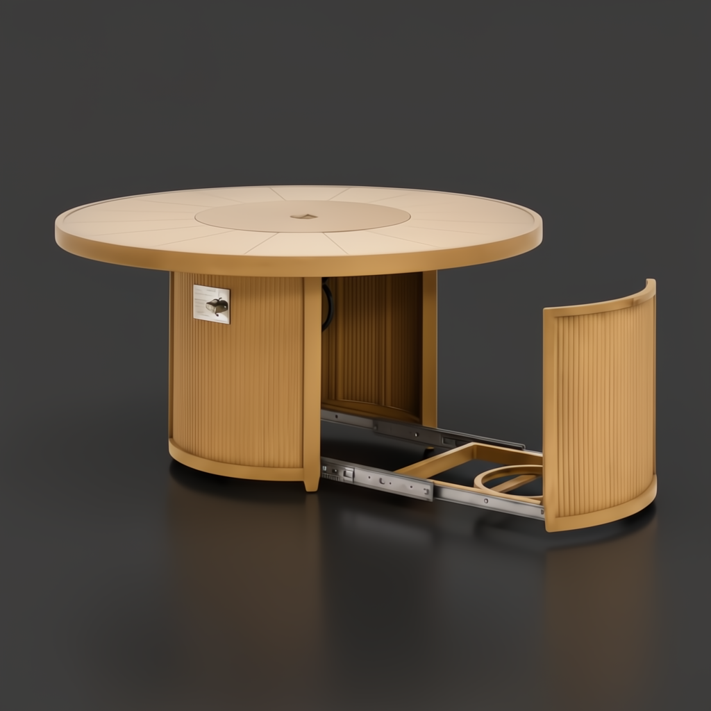 Surya Cape Town 50" round wheat hand-painted aluminum fire table with an open sliding panel.
