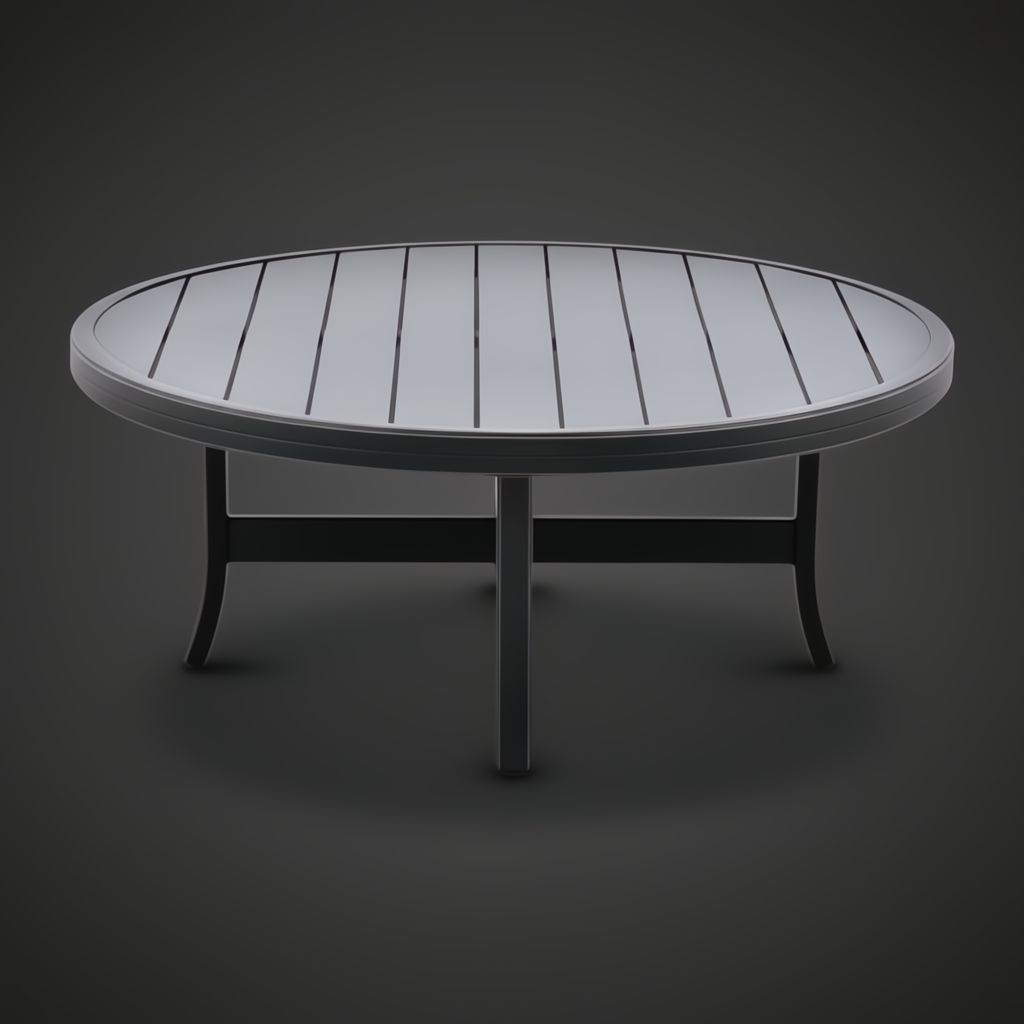 Surya Fairborn 42" round black hand-painted aluminum outdoor coffee table with slatted top.