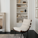Surya Laval Accent Chair, modern oatmeal upholstered lounger with black base and wood accents.