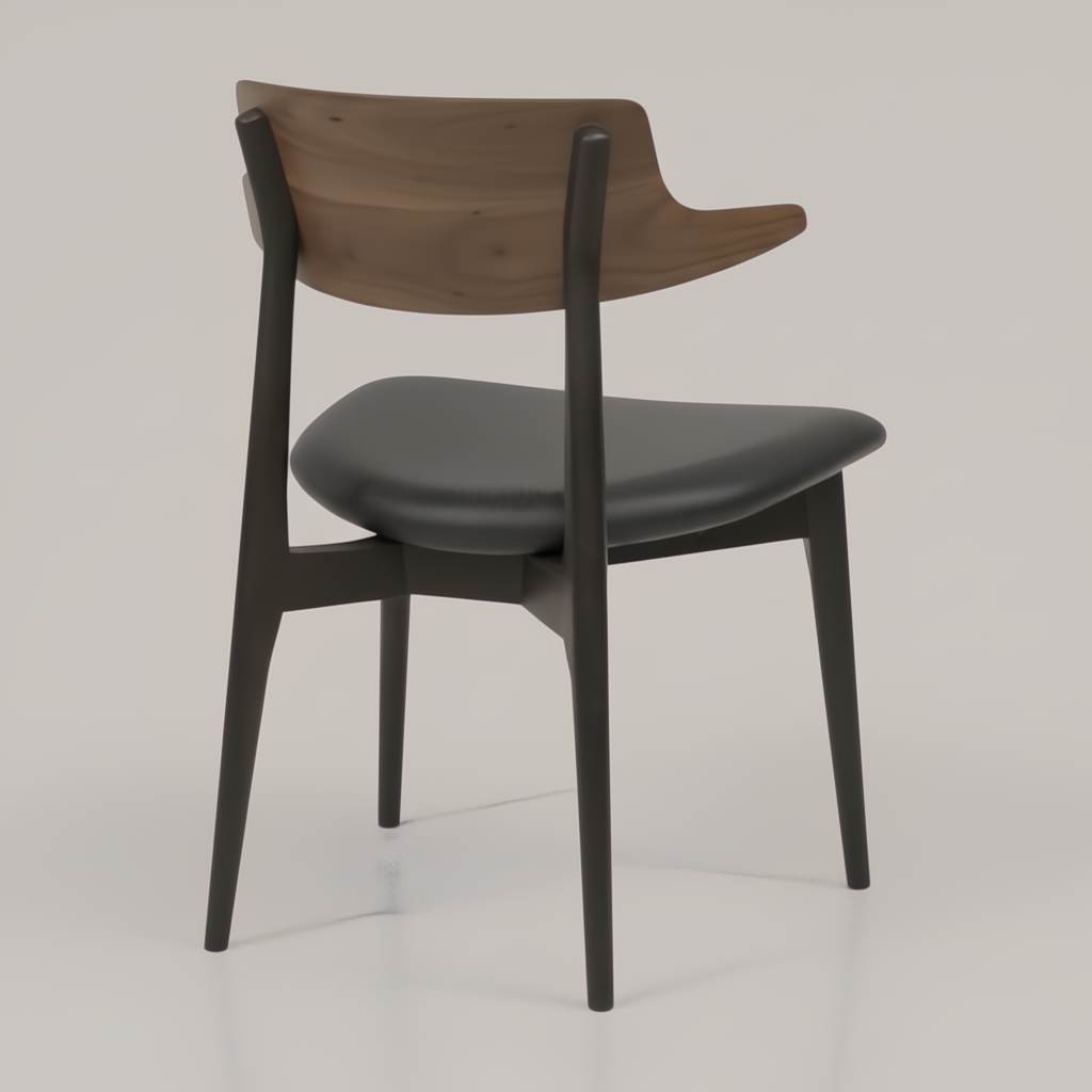Surya Billings dining chair with black faux leather seat and brown oak wood veneer back and frame.