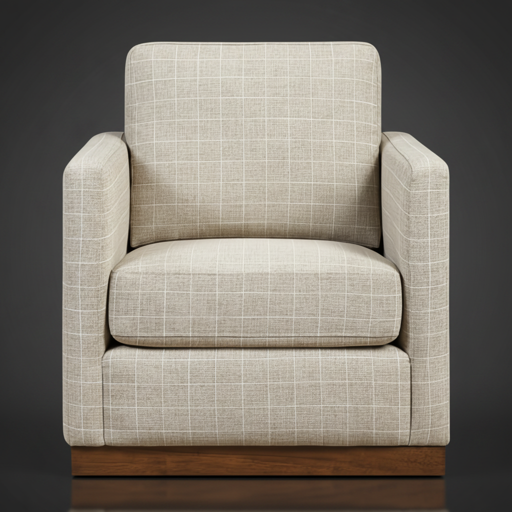 Surya Glendon swivel chair with brown polyester-linen upholstery, white grid pattern, and a brown rubber wood base.