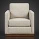 Surya Glendon swivel chair with brown polyester-linen upholstery, white grid pattern, and a brown rubber wood base.
