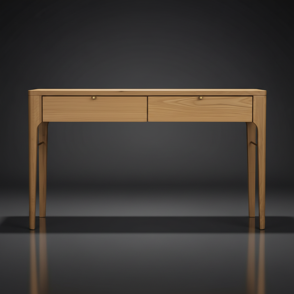 Surya Anello Console Table with light brown oak veneer top, two drawers, and slim oak and steel base.