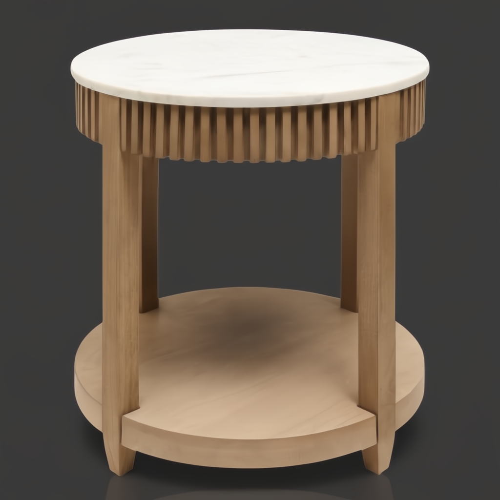 Surya Rosemary 22"H end table with white marble top, fluted mango wood apron, and natural wood base.