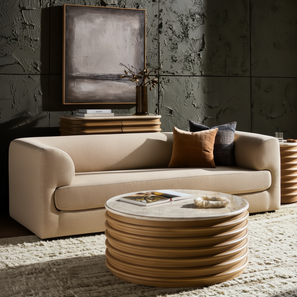 Beige polished marble top Surya Redondo coffee table with ribbed mango wood base in a modern living room.