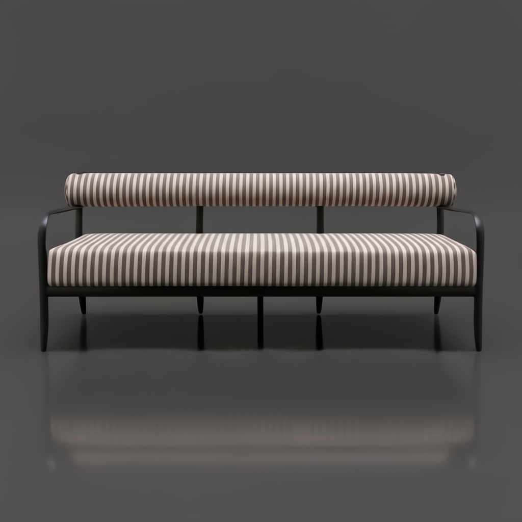 Surya Antibes outdoor sofa with brown and beige striped Sunbrella fabric, black aluminum frame.