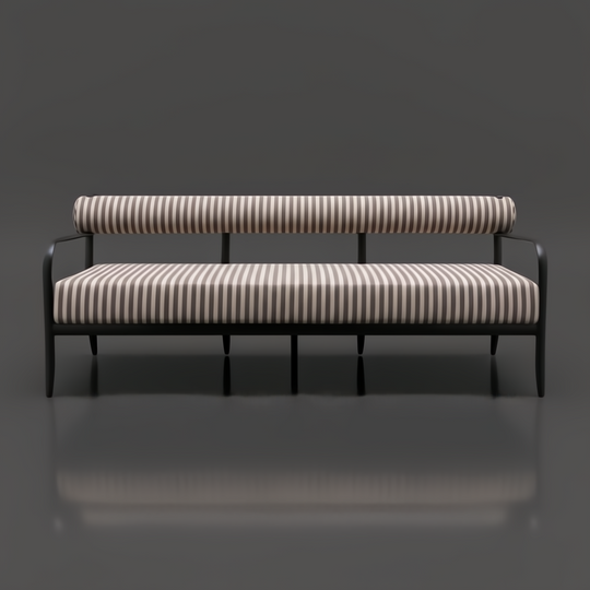 Surya Antibes outdoor sofa with brown and beige striped Sunbrella fabric, black aluminum frame.
