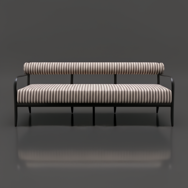 Surya Antibes outdoor sofa with brown and beige striped Sunbrella fabric, black aluminum frame.