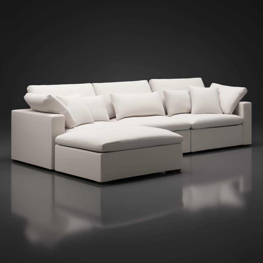 Surya Avington Ottoman in charcoal linen-polyester, paired with a matching sectional, on a dark reflective surface.