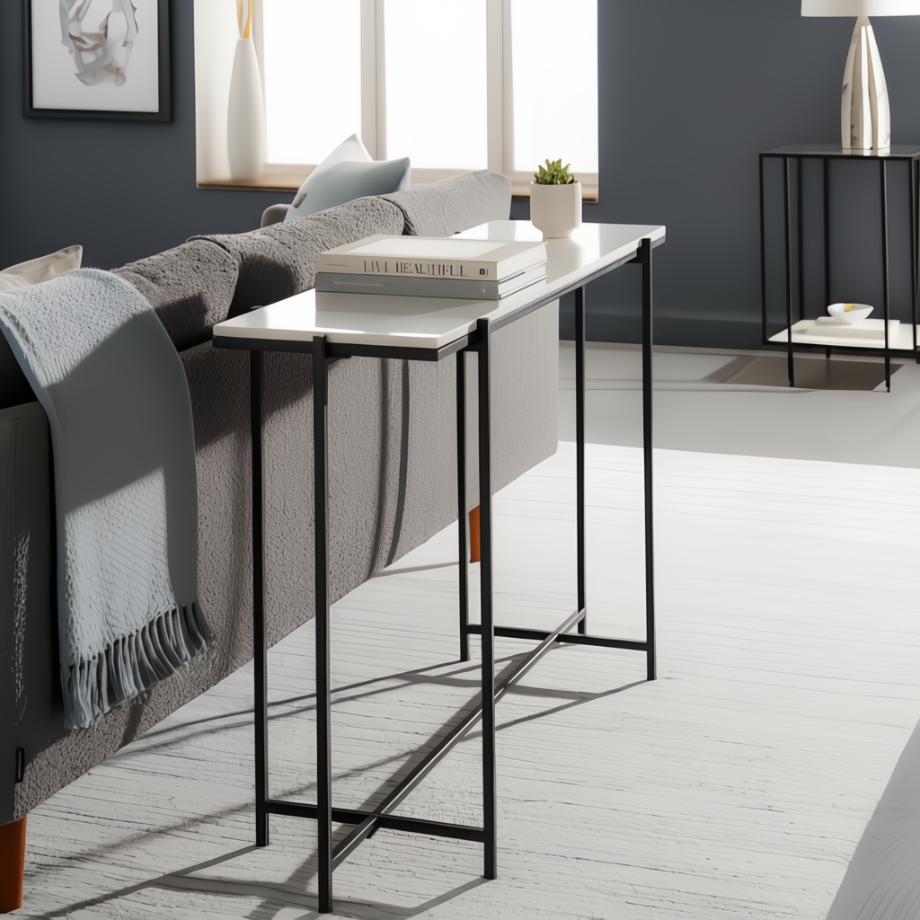 Surya Anaya console table with white natural marble top and black powder-coated iron base.