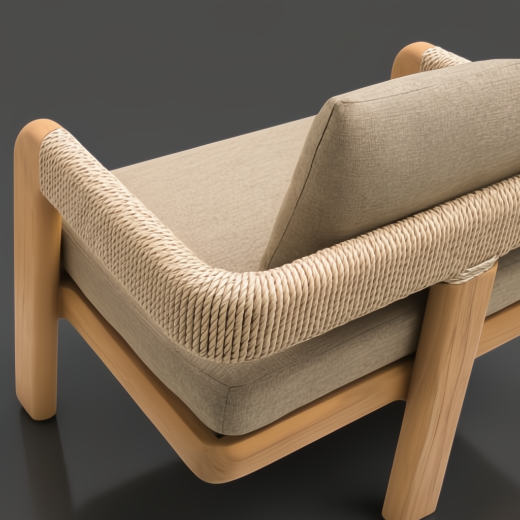 Surya Palma Bench with beige Sunbrella cushion, brushed teak wood base, and PE rope-wrapped arms.
