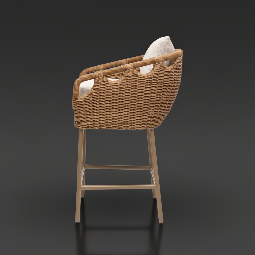 Surya Marvella outdoor bar stool with woven light brown rattan and a light-colored cushion.