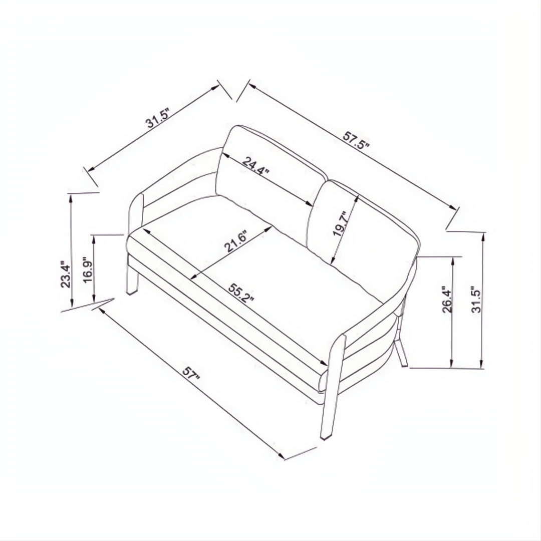 Line drawing of the Surya Daniella Loveseat, showing its dimensions and two-seat profile.
