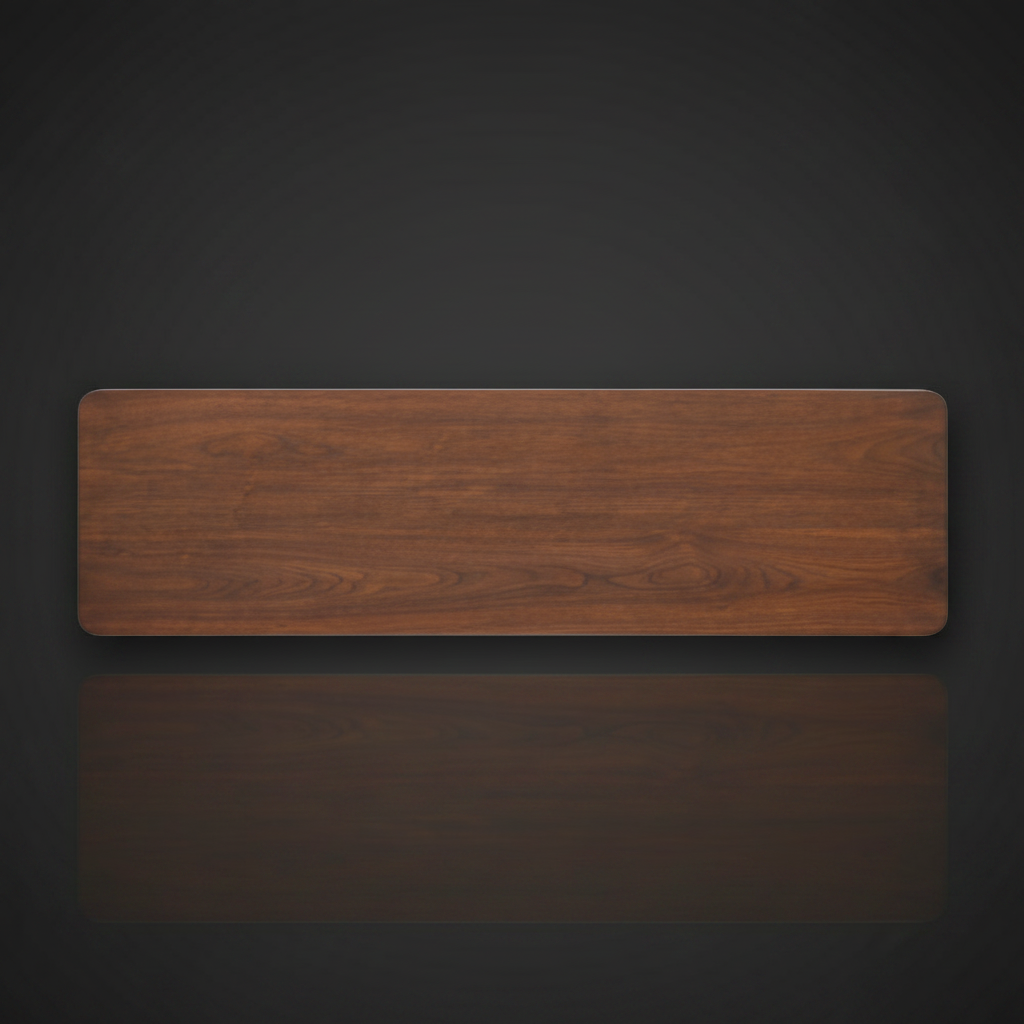 Top-down view of a slim, rectangular Surya Anello console table with a brown stained oak veneer top.