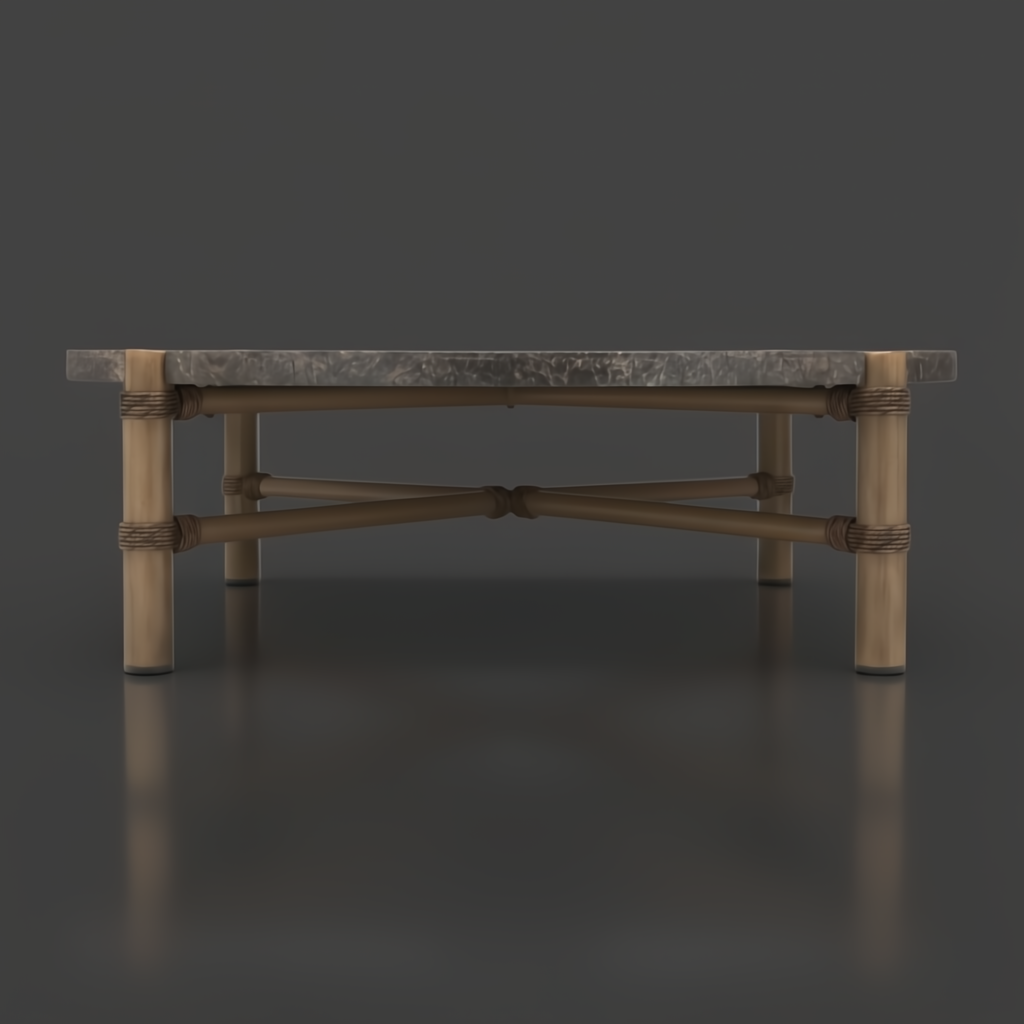 Surya Porta outdoor coffee table with charcoal matte stone top, brown aluminum base, and PE rope detail.